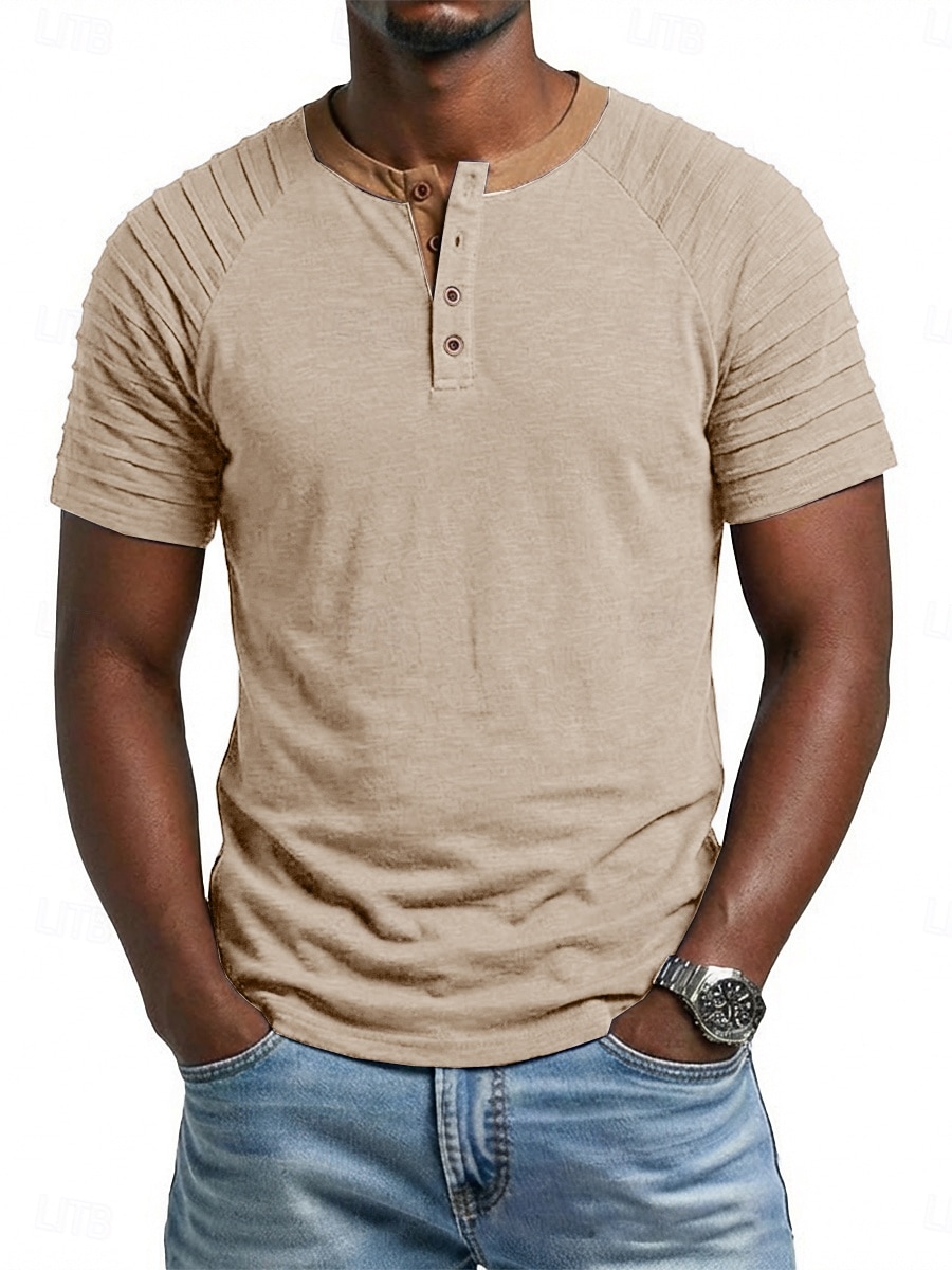 2026年 男性用 ヘンリーシャツ Tシャツ 半袖 パッチワーク ファッション デザイナー カジュアル フリル ボタン ヘンリー カジュアル 日常 アウトドア 夏 春 オールシーズン ロイヤルブルー ヘンリーTシャツ  コレクション – $24.99 –P8