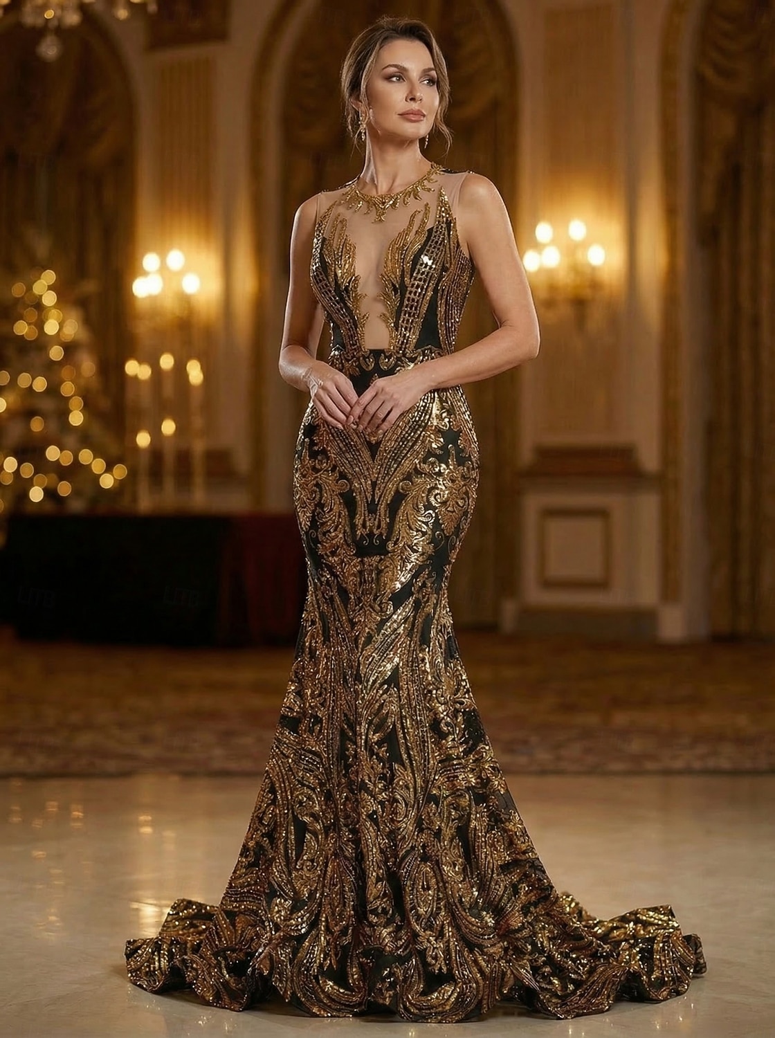 Corte Trompeta Sirena Cola barrida Trajes de gala Vestidos de noche Corte Cenicienta Vestimenta formal Elegante Sin Mangas Escote de ilusión Carnaval Formal afroamericano Lentejuelas con Lentejuela 2026 - $287.49 –P5