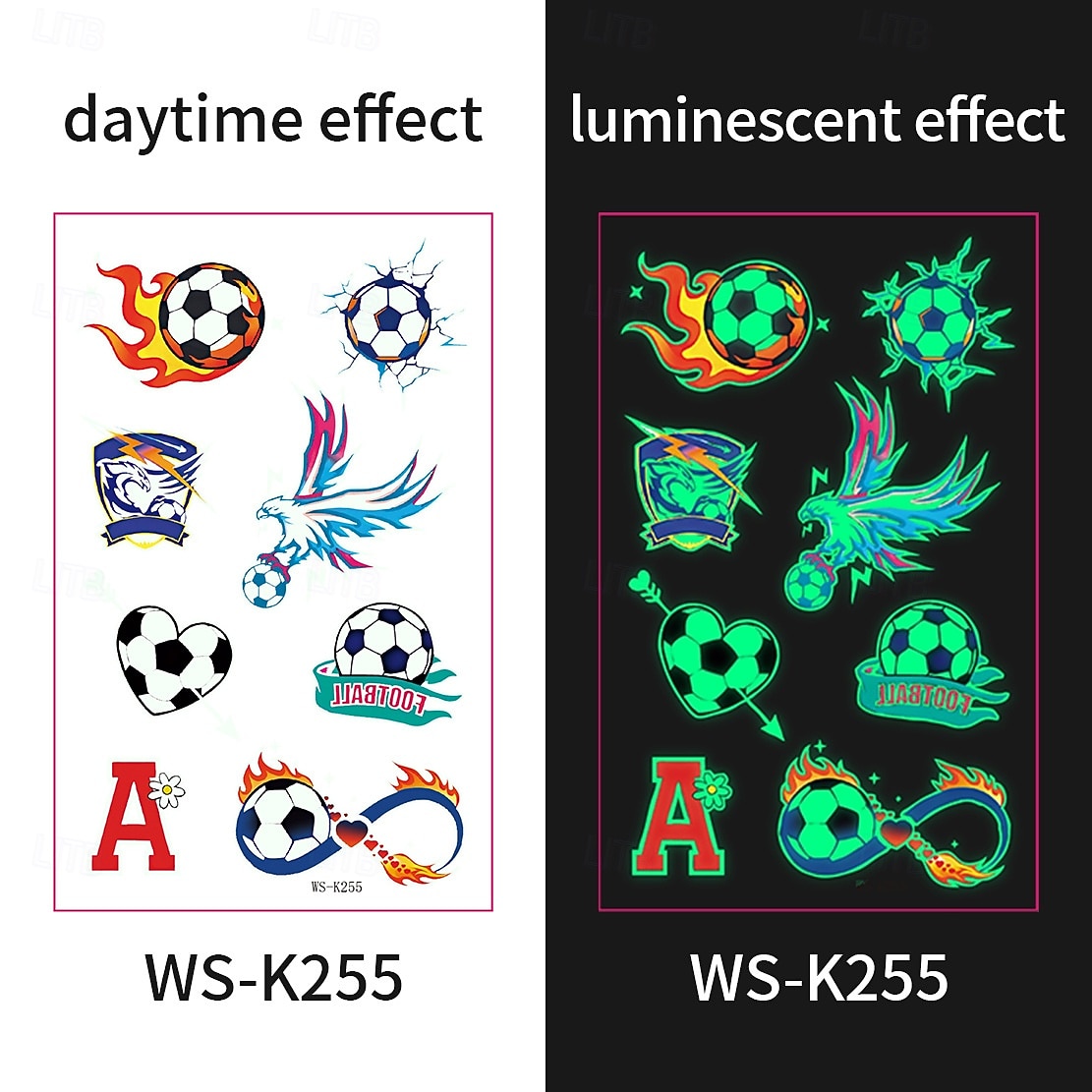 10 db sötétben világító foci ideiglenes tetoválás, neonzöld reaktív, vízálló &könnyen eltávolítható testfesték, játékosokkal, trófeákkal, lángokkal díszítve, tökéletes fociparti ajándékok &ajándékok 2026 - $9.99 –P9