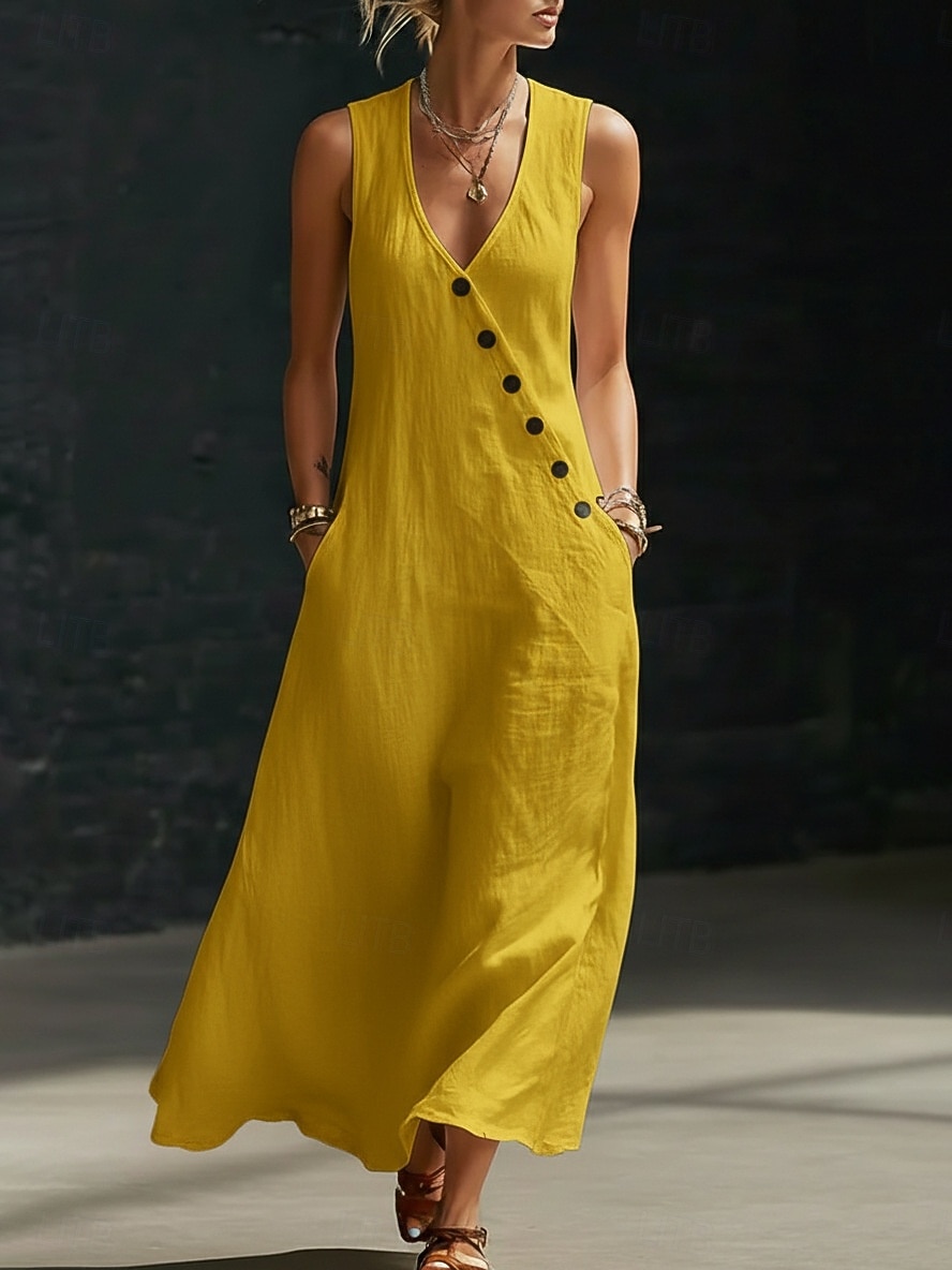 Robe longue en coton et lin pour femme, robe d'été, robe trapèze, robe cintrée et évasée, robe de vacances décontractée, style bohème, robe de plage décontractée, robe de soirée ample, robe unie sans de 2026 ? $24.99 –P2