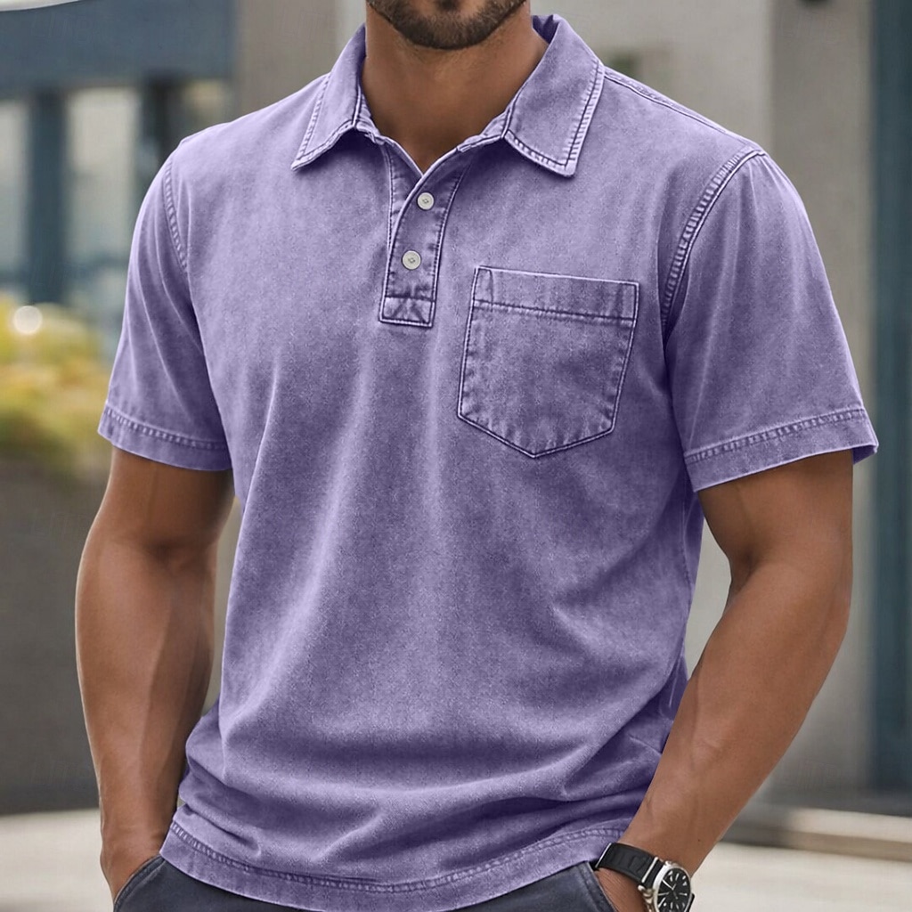 T-shirt da Uomo SoftFade™ 100% Cotone con Effetto Lavaggio Acerbo Maglietta Golf Casual per Vacanze Colletto Polo a Coste Manica Corta Moda Base Piana Vintage Distressed Estate Primavera Vestibilità del 2026 a $31.99 –P1