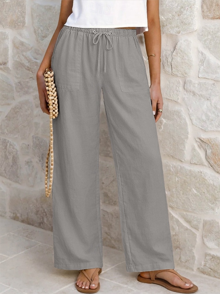 Damskie Lniane spodnie Spodnie Spodnie codzienne Letnie spodnie Urlop Moda Podstawowy Pełna długość Średia talia Równina Ściągana na sznurek Elastyczny pas Prosta noga Lekki Oddychający Nieelastyczny 2026 - $25.99 –P16
