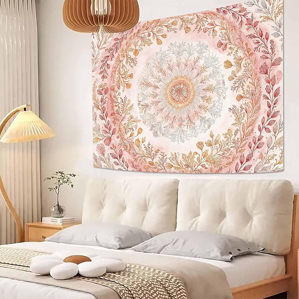 tapeçaria de parede com mandala floral em tons pastel de rosa aquarela, estilo boho romântico, com guirlanda de flores pêssego, ideal para decoração de quarto ou dormitório feminino. de 2026 por $19.99 –P3