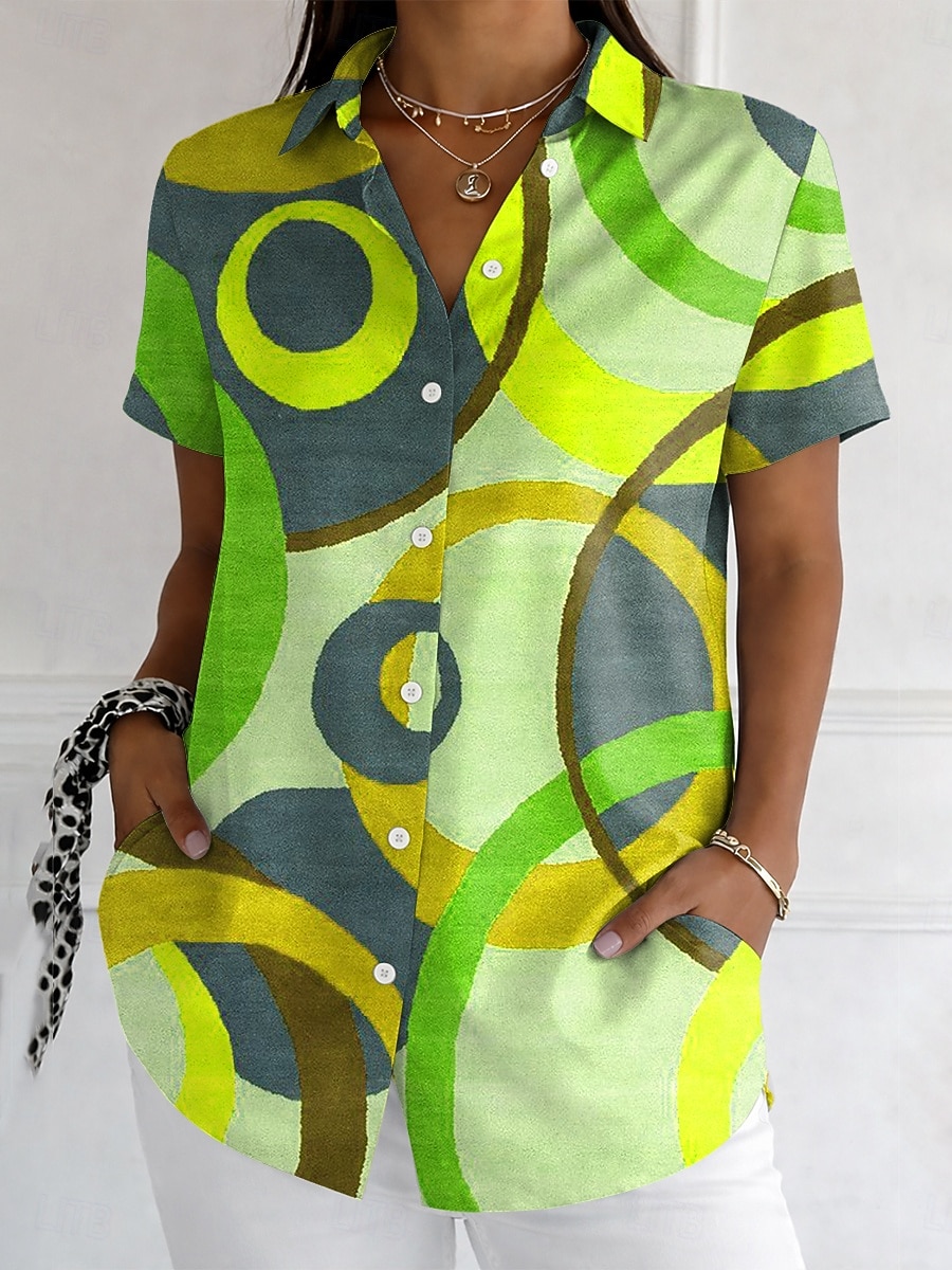 Mujer Camisa Botones Estampado Graphic Geométrico Vintage Elegante Moderno Manga Corta Cuello Camisero Tops largos Diario Azul Piscina Morado Naranja Verde Trébol Verano Primavera 2026 - $26.99 –P2