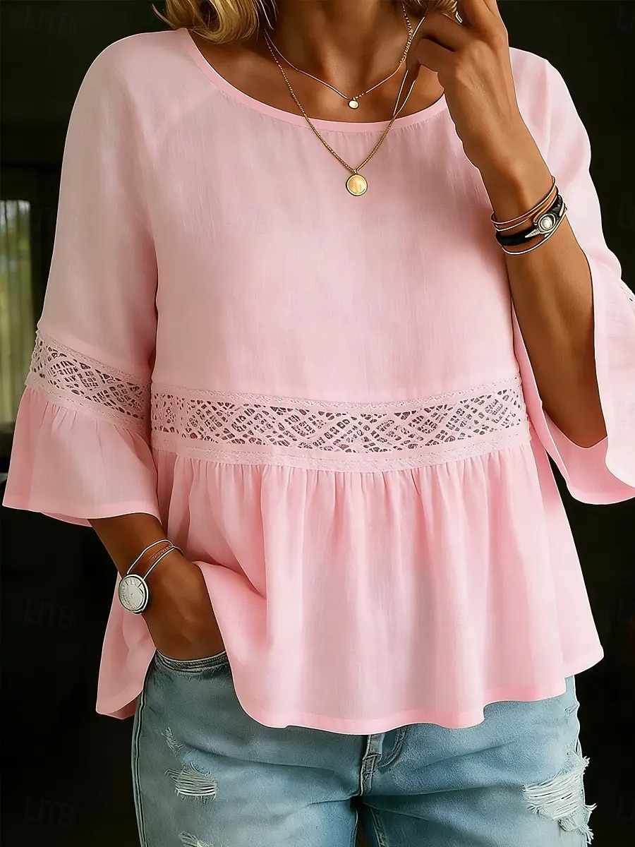 Per donna Blusa Volant Traforato Tinta unica Lussuoso Casual Manica 3/4 Girocollo Top Regolari Quotidiano Bianco Giallo Verde chiaro Rosa Viola chiaro Estate Primavera Autunno del 2026 a $25.99 –P2