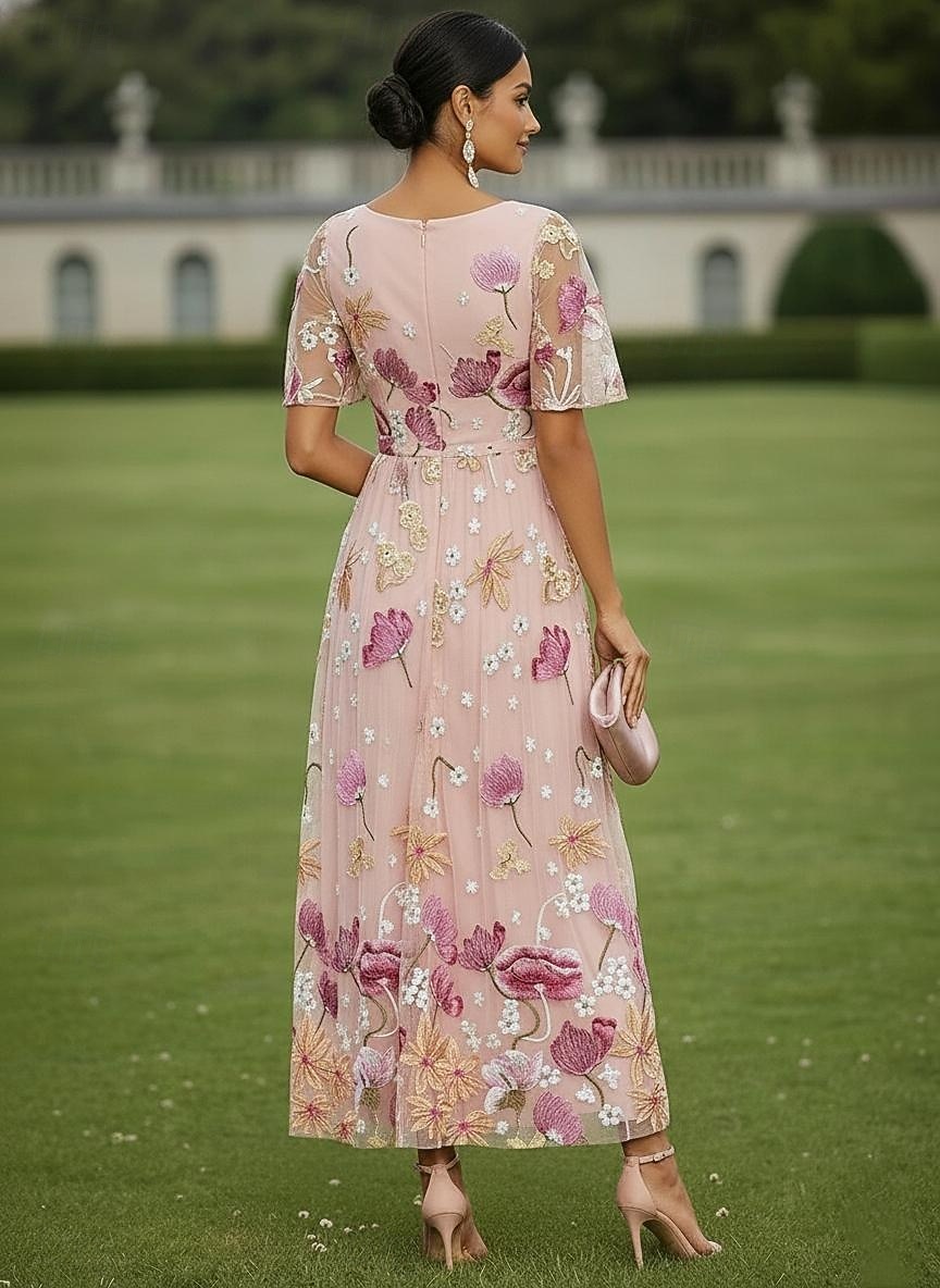 A-الخط فساتين طول الكعب فستان كوكتيل فستان زفاف ضيف فستان أم العروس كم قصير رقبة عالية مدورة أنيق كاجوال رسمي ضيف حفل زفاف كنتاكي ديربي شيفون تول مع طباعة الأزهار تطريز زينة 2026 - $163.99 –P2