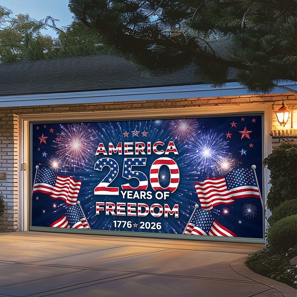 4. července 2026 250. výročí Pamětního dne Kryt na garážová vrata Velký závěsný pozadí Americká vlajka Vintage 3D vlastenecká party venkovní pozadí pro focení dekorace na vchodové dveře 2026 - $59.99 –P3