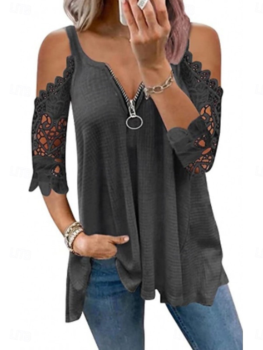 Mujer Camisa Parte superior con ojales Blusa Tops de encaje Cremallera Ojal Plano Elegante Clásico Moderno Manga Larga Escote en Pico Tops regulares Diario Festivos Noche Azul Piscina Blanco Rosa 2026 - $24.99 –P5
