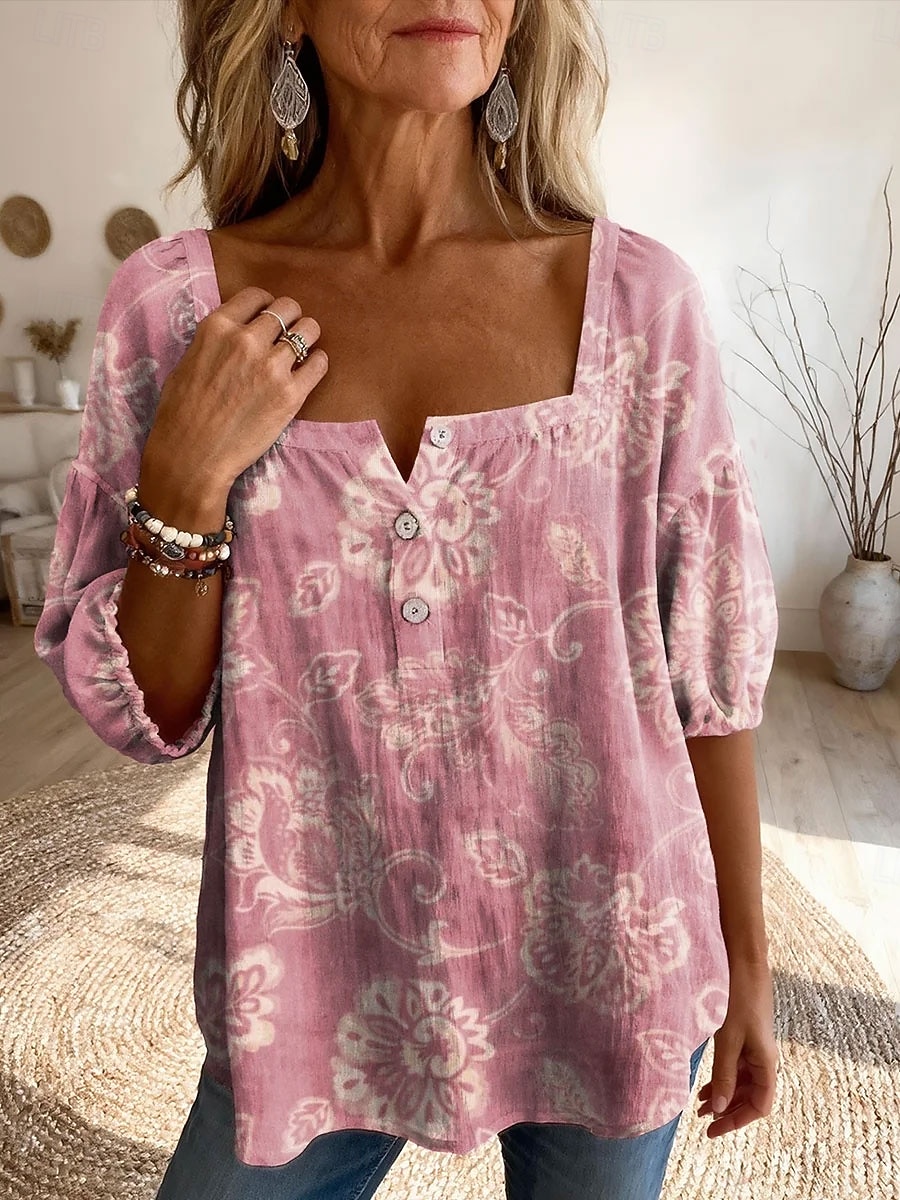 2026年 女性用 ブラウス プリント フラワー グラフィック 日常 スタイリッシュ ベーシック ハーフスリーブ スクエアネック レギュラートップス 日常 イエロー ピンク パープル オレンジ 夏 春  コレクション – $34.99 –P3