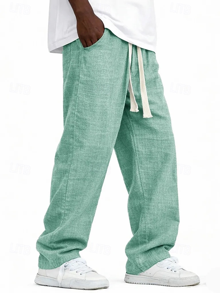 Men's Linen Pants Trousers Summer Pants Baggy Pants Pocket Elastic Waist Straight Leg Solid Color Comfort Comfortable Full Length Casual Daily Holiday Vacation Fashion Blue Black Inelastic 2026 - $25.99 –P5