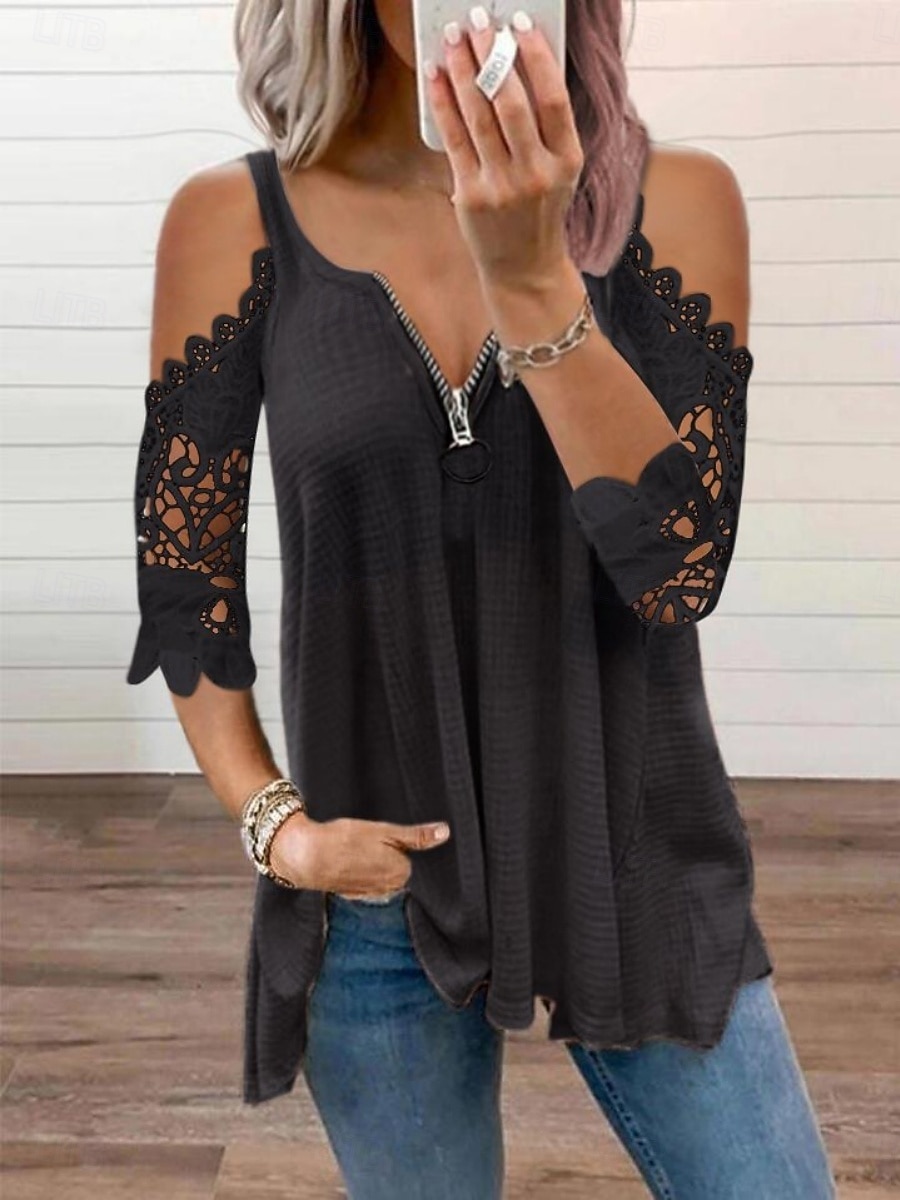 Mujer Camisa Parte superior con ojales Blusa Tops de encaje Cremallera Ojal Plano Elegante Clásico Moderno Manga Larga Escote en Pico Tops regulares Diario Festivos Noche Azul Piscina Blanco Rosa 2026 - $24.99 –P2