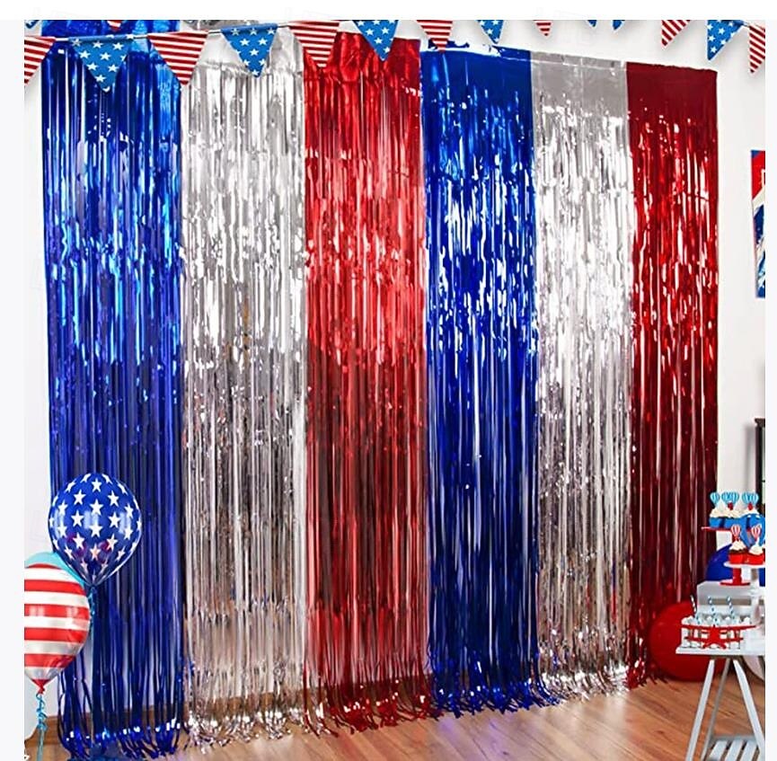 2-pack patriotiska glitterfoliefransgardiner, röda vita och blå 4 juli-dekorationer för självständighetsdagen, bakgrund för fotobås, metalliska dörrstrippar till fest, Memorial Day, Labor Day 2026 - $15.99 –P1