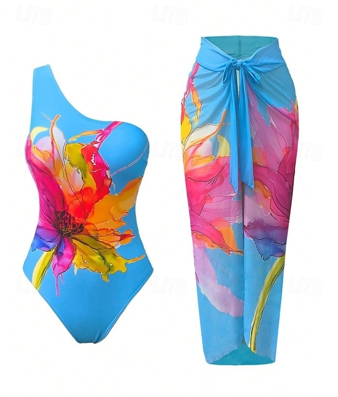 Mulheres Roupa de Banho 2 partes Monoquíni Saia roupa de banho Compressão abdominal Cintura Alta Delgado Frente Única Férias Roupa de Praia Floral Pescoço Assimétrico Sem Manga Fatos de banho de 2026 por $29.99 –P1