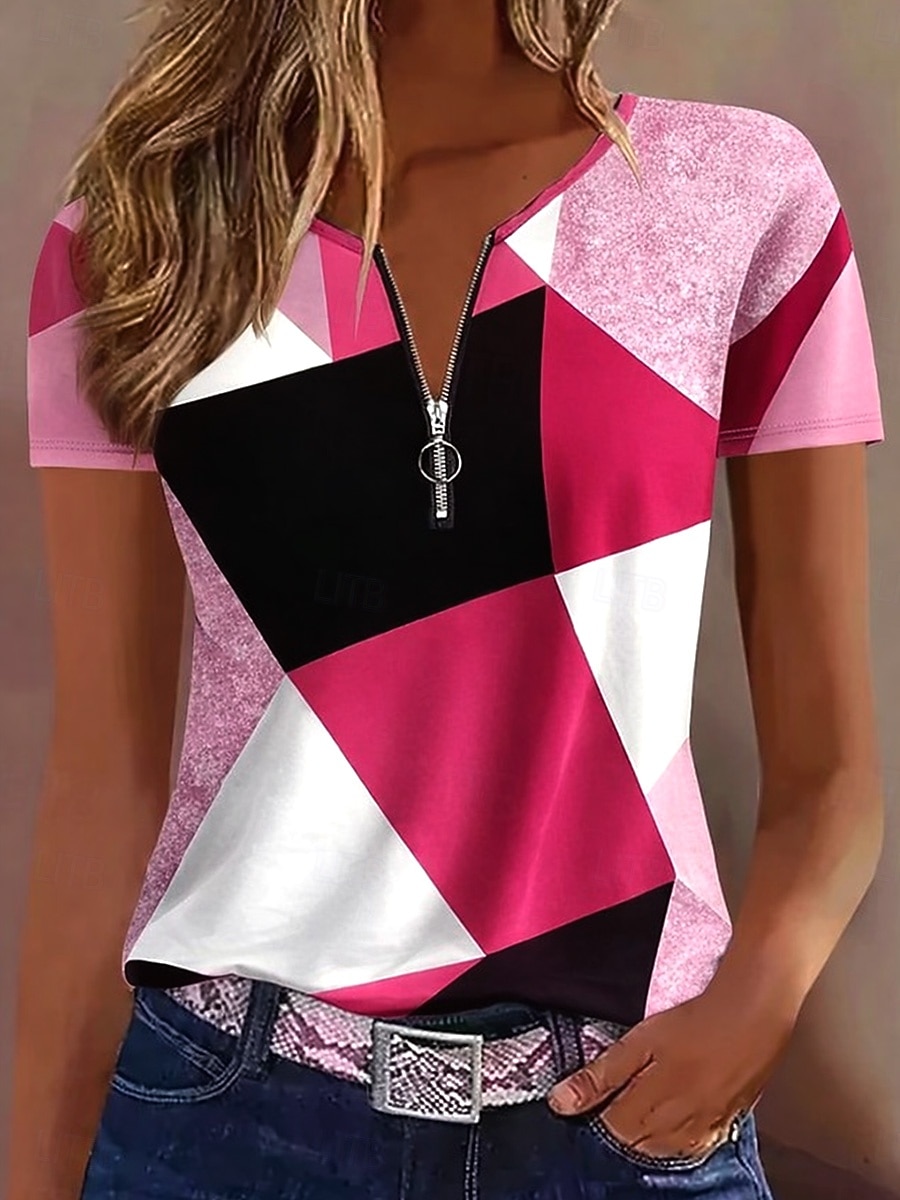 Dámské Tričko Zip Čtvrtletní zip Grafika Geometrický Abstraktní Vinobraní Tropický vzhled Havajské Krátký rukáv Tričkový Běžné topy Svatba na pláži Denní Sport Vodní modrá Černá Světlá růžov 2026 - $9.49 –P10