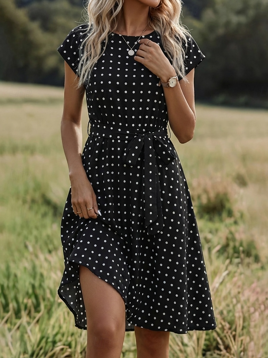 Per donna Abito Midi Vestito Casual Vestito in Chiffon Abito a trapezio Abito Floreale Elegante Vintage Moda All'aperto Vacanza Uscire Vestibilità regolare A Pois Manica Corta Scollo a V Blu Nero del 2026 a $29.99 –P8