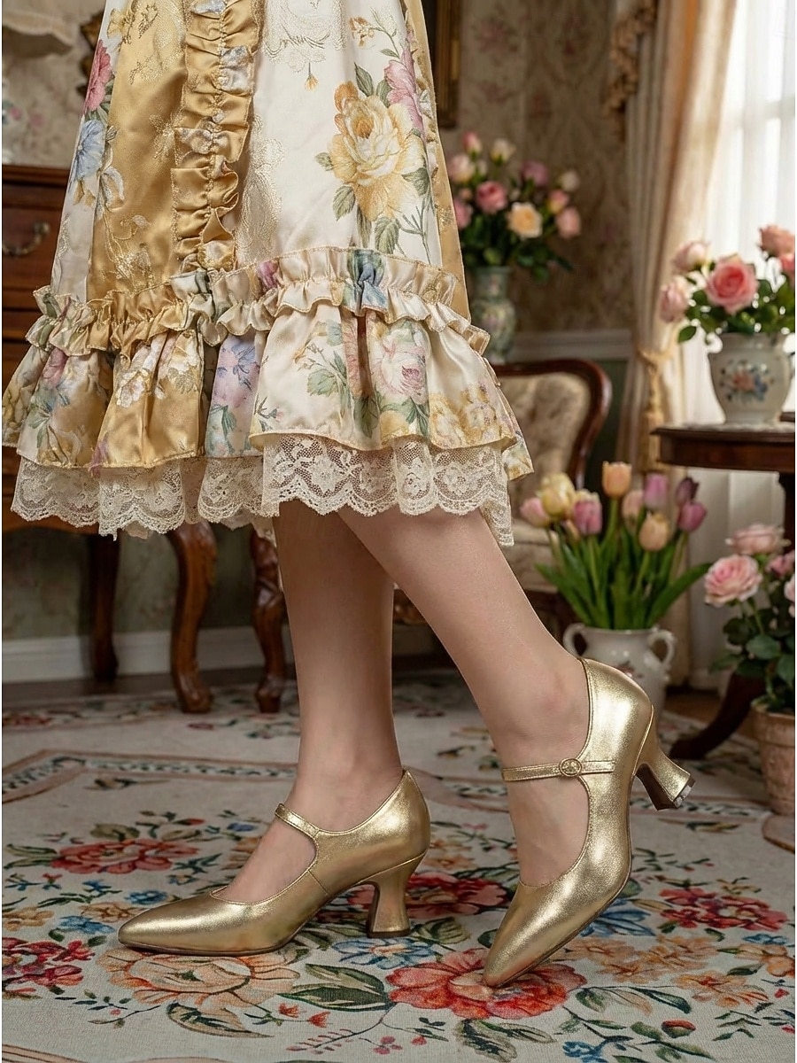 נעלי מרי ג'יין בצבע ויקטוריאני רטרו זהב לנשים - עקבים אלגנטיים עם חריצים מחודדים וגימור מטאלי &רצועת קרסול למסיבות וינטג', חתונות &תלבושות רוקוקו 2026 - $46.99 –P3