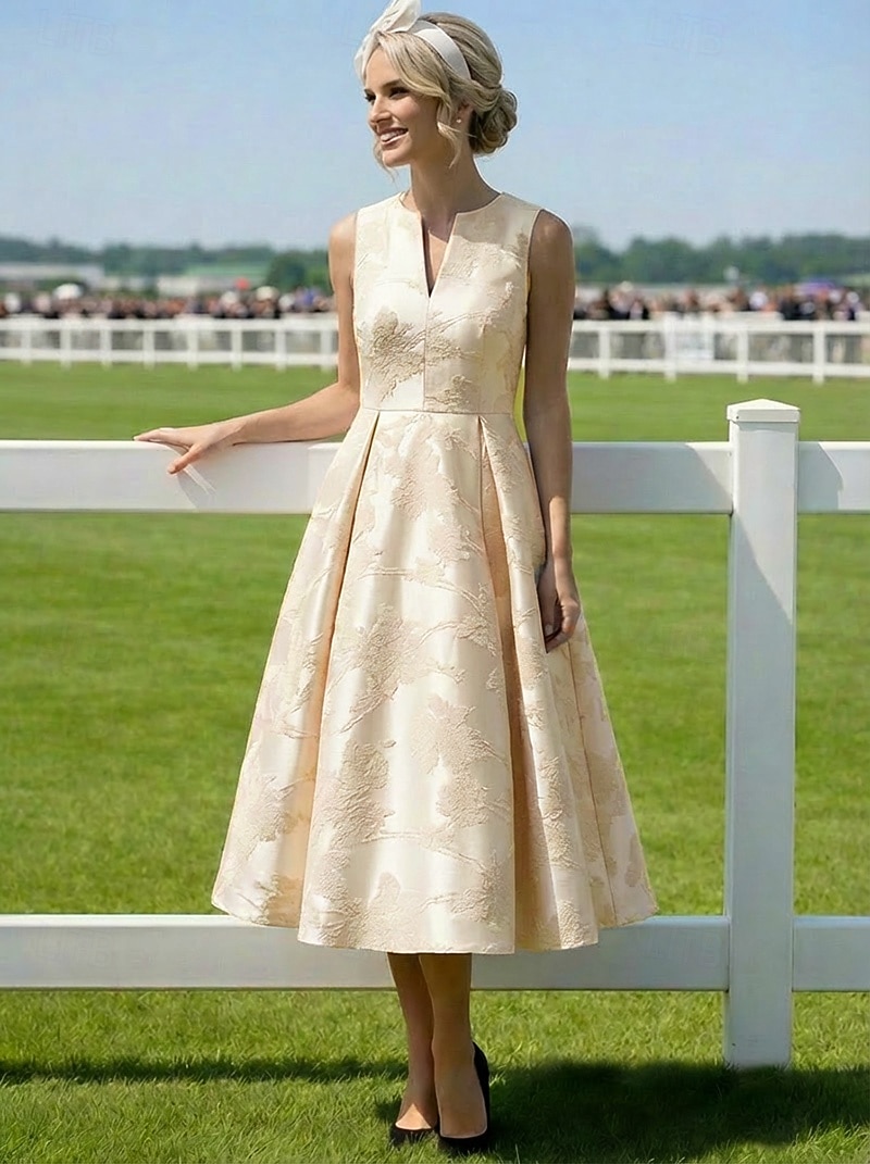 Linea ad A Lunghezza alla caviglia Lunghezza Tè Abito Derby Abito da cerimonia per signora Senza Maniche Scollo a V Elegante Vintage Formale Derby del Kentucky Jacquard con Pieghe del 2026 a $154.79 –P4