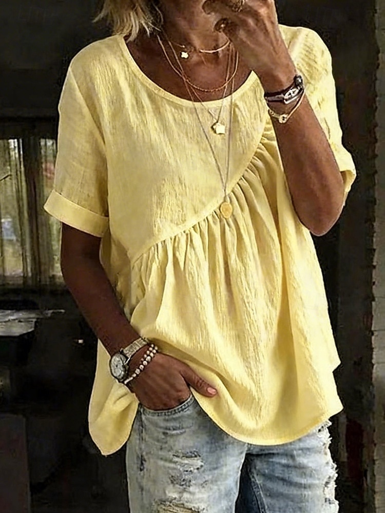 Dames Blouse Katoenen shirt Met ruches Effen Kleur Dagelijks Stijlvol Basic Korte mouw Strakke ronde hals Normale tops Dagelijks blauw Wit Geel Blozend Roze Groen Zomer Lente Herfst 2026 - $21.99 –P4