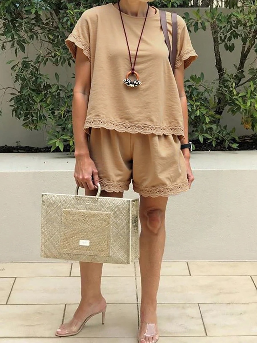Women's Cotton Blend Shorts Sets Short Sleeve Round Neck Plain Patchwork Lace Trims Elegant Fashion Streetwear Casual Daily Outdoor Black Purple Khaki Summer Regular Fit 2026 - $37.99 –P4