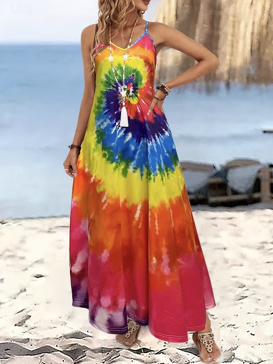 Damen Maxikleid Sommerkleid A Linie Kleid Unterkleid Urlaub Lässig Strand Ausgehen Normale Passform Ombre Grafik Batik Ärmellos V Ausschnitt Spaghettiträger Orange Sommer Frühling 2026 - $36.99 –P1