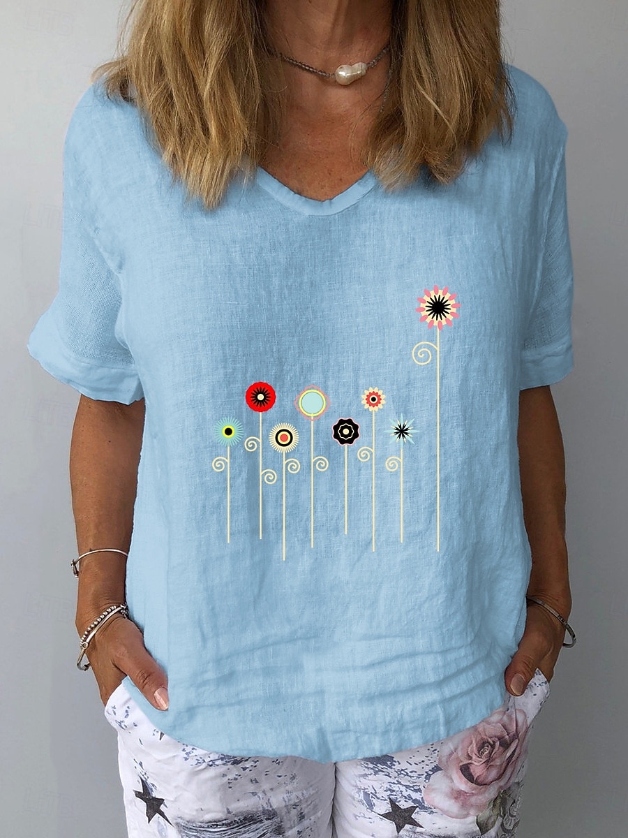 Damen Baumwoll Mischung T Shirt Druck Grafik Pflanzen Mode Stilvoll Klassisch Kurzarm V Ausschnitt Normale Oberteile Täglich Ausgehen Wochenende Weiß Gelb Tintenblau Grau Leicht Blau Sommer Frühling 2026 - $19.99 –P5