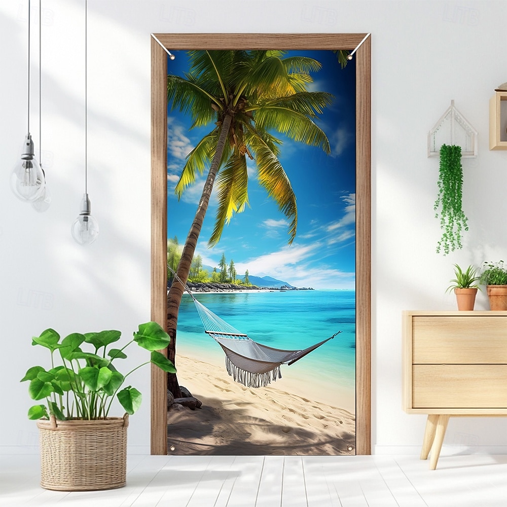 Scenic Coastal Sea View Sailboat Yacht on Turquoise Water with Rocky Cliff and White Flowers Beach Door Banner Cover Wall Tapestry for Home Interior Wall Decoration Front Door Entryway 2026 - $17.99 –P7