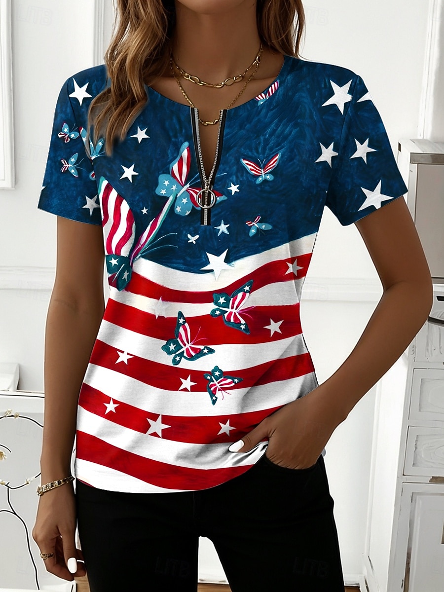 Giorno dell'Indipendenza Americana Per donna Maglietta Cerniera Grafico Bandiera Americana Elegante Classico Casual Manica Corta Girocollo Top Regolari Quotidiano Weekend Blu Bianco Rosso Estate del 2026 a $21.99 –P2