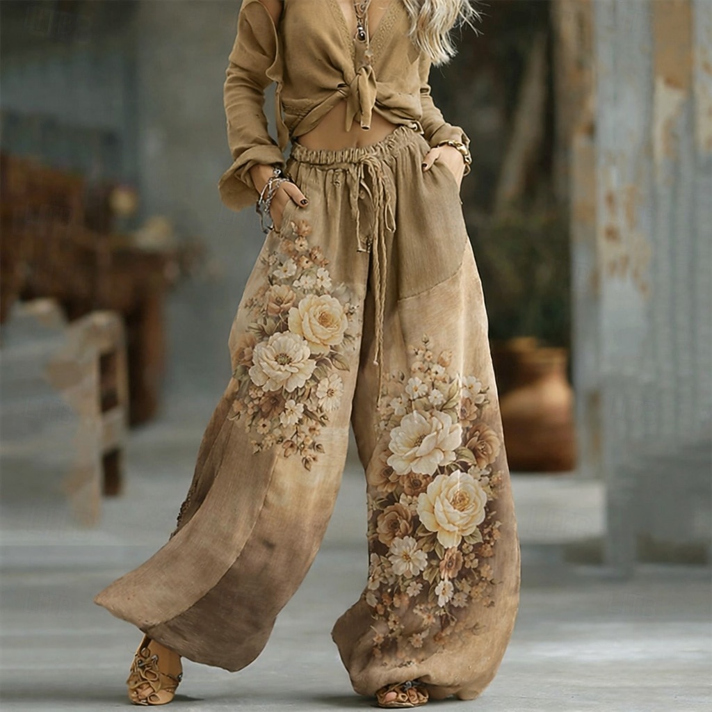 Women's Graphic Wide Leg Pants Trousers Palazzo Pants Fashion Boho Full Length High Waist Flower Drawstring Elastic Waist Print Breathability Comfortable Street Daily Wear Going out Blue Pink Purple 2026 - $10.99 –P4