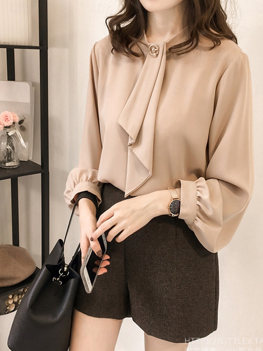 Mujer Camisa Blusa Tops de gasa Frunce Plano Activo Elegante Manga Larga Cuello Barco Tops regulares Diario Ropa de calle Festivos Amarillo Verde Trébol Albaricoque Verano Primavera 2026 - $13.99 –P2