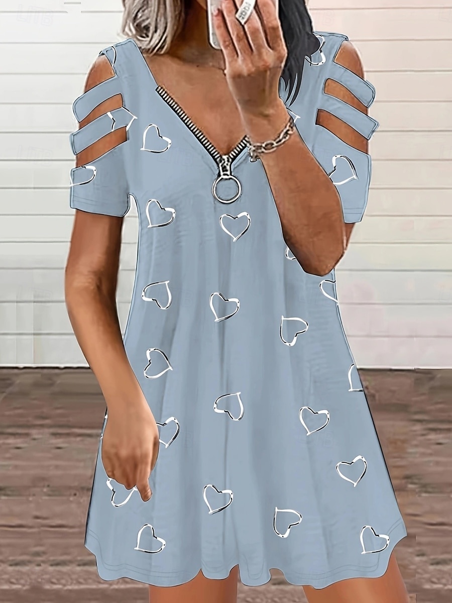 Women's Mini Dress Casual Dress Print Dress Elegant Fashion Modern Outdoor Vacation Going out Loose Fit Heart Short Sleeve V Neck Blue White Purple Green Summer Spring 2026 - $16.49 –P16