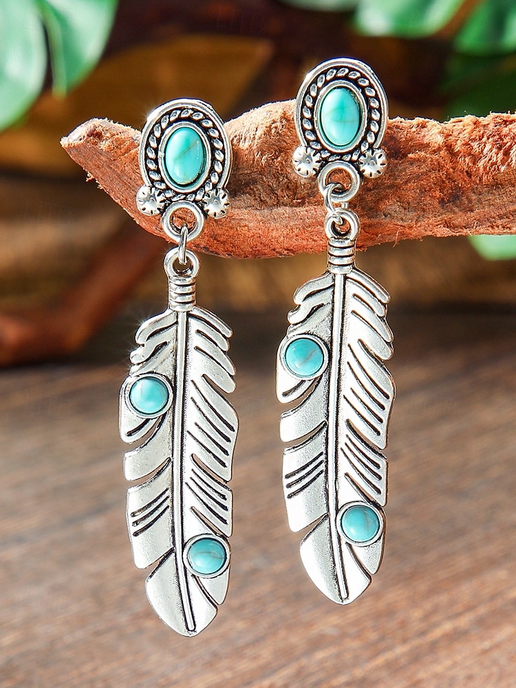 Pendientes colgantes de hoja turquesa de aleación estilo boho para mujer, pendientes llamativos de plumas de estilo western vintage para uso casual, viajes, vacaciones y estilo resort. 2026 - $7.99 –P6
