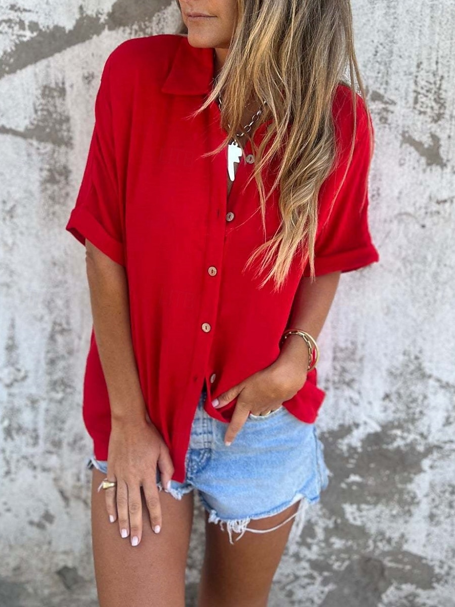 Damen Bluse Knöpfe Einfarbig Täglich Basic Lässig Dreiviertelarm Hemdkragen Normale Oberteile Täglich Schwarz Weiß Rote Violett Kamel Sommer Frühling 2026 - $25.99 –P3