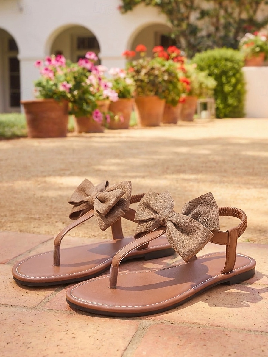 vita sandaler med t-rem för kvinnor - eleganta sandaler med rem och stor rosettdekor &elastisk ryggrem för strandsemestrar, sommarbröllop &utomhusresor 2026 - $24.99 –P3