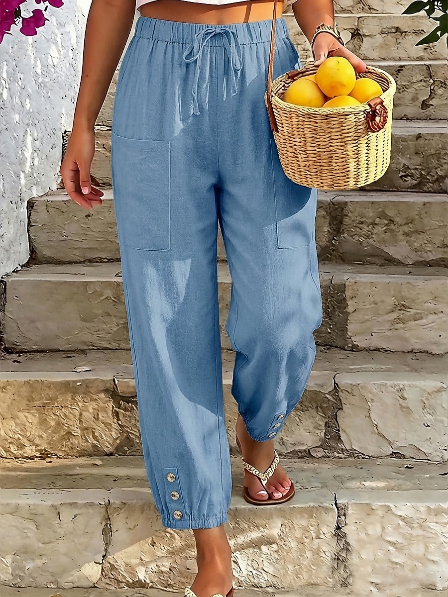 Γυναικεία Βαμβακερό λινό παντελόνι Καλοκαίρι παντελόνι Παντελόνια με κοψίματα Παντελόνι παραλίας Απλός Καθημερινό Ανατομικό Μέχρι τον αστράγαλο Μεσαία Μέση Μονόχρωμες Τσέπη Ελαστική μέση Αναπνέει 2026 - $18.49 –P2