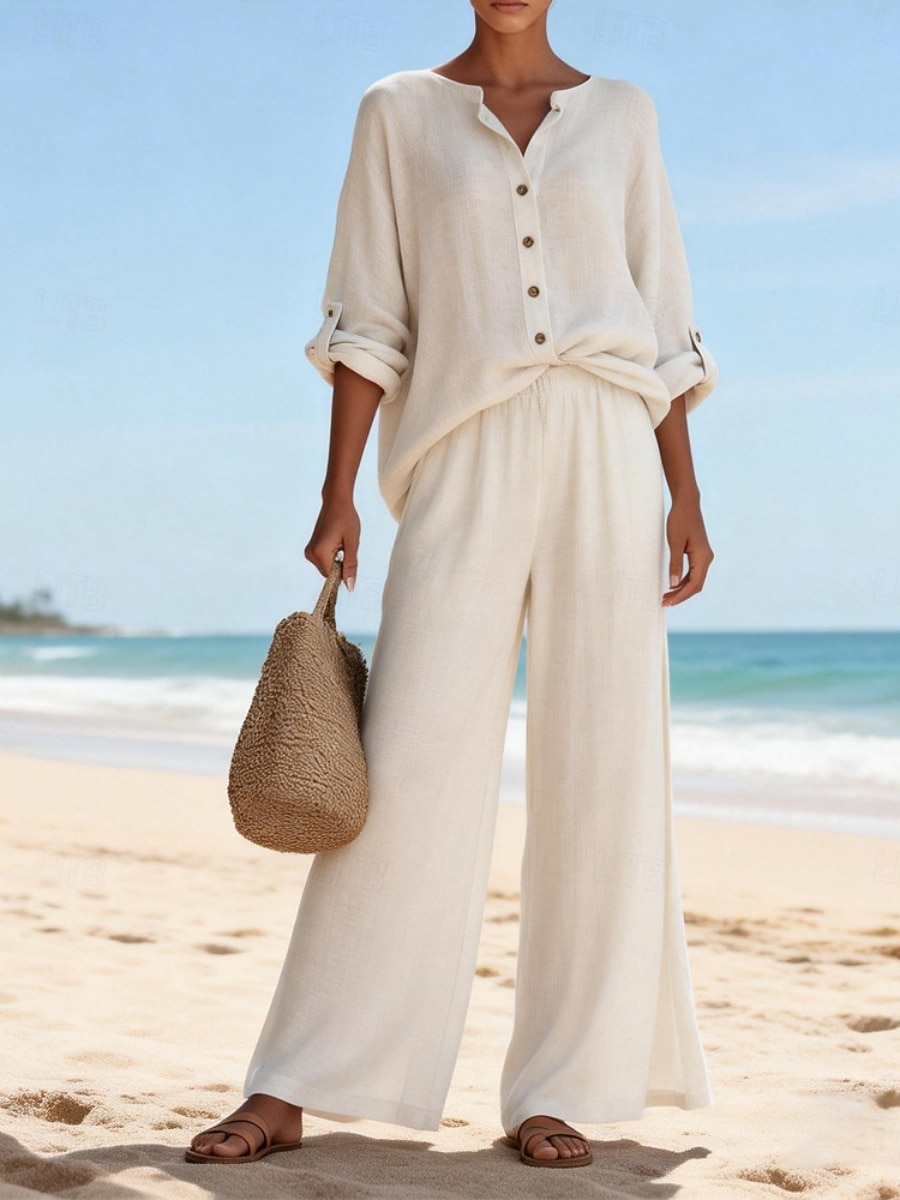 Dame Linsett i bomull Buksesett Imitert bomullslin Langermet Crew-hals Helfarge Elegant Mote Gatemote Avslappet Daglig utendørs Blå Hvit Rosa Sommer Normal 2026 - $45.99 –P1