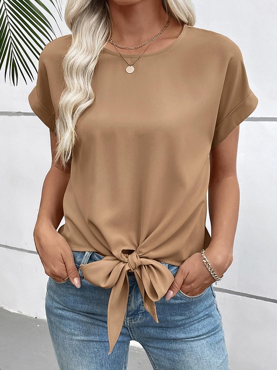 Femmes T-shirt Nœud Uni Mode Élégant Classique Manche Courte Col ras du cou Hauts Réguliers Quotidien Sortir Week-end Noir Blanche Vin Marron Beige Été Printemps de 2026 ? $24.99 –P14