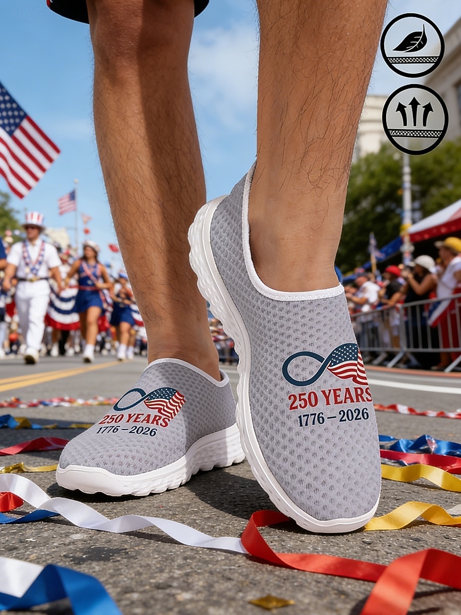 Graue Herren-Sneaker zum Hineinschlüpfen mit 250-Jahre-Grafik – leichte, atmungsaktive Laufschuhe mit amerikanischem Flaggenmotiv für Freizeit, Feiertage, Reisen und Outdoor-Aktivitäten 2026 - $32.99 –P3