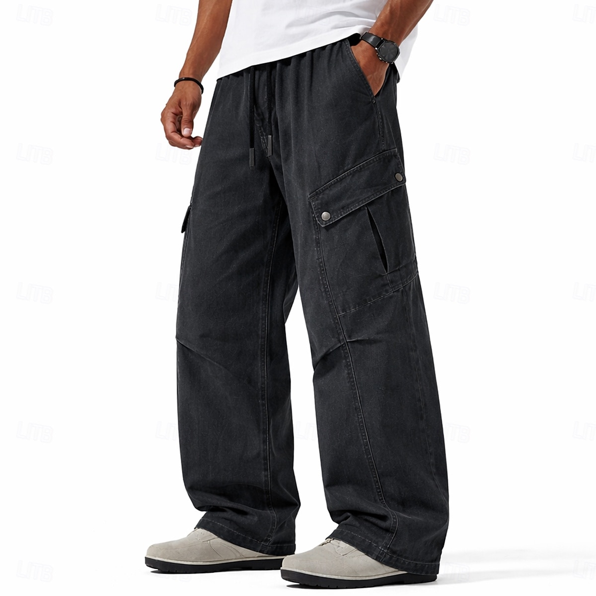 Pantalon cargo en denim 100 % coton softfade™ pour homme, coupe décontractée, taille élastiquée avec cordon de serrage, jambes larges, coupe unie, confortable et respirant, longueur standard, style décontracté au quotidien, idéal pour les activités de ple de 2026 ? $37.99 –P4