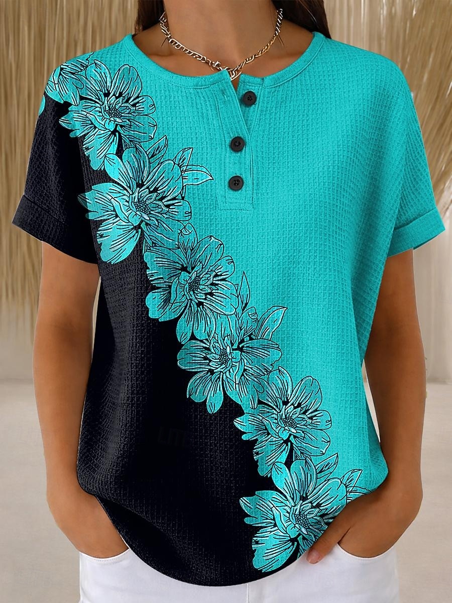 Women's Waffle T Shirt Color Block Print Floral Graphic Vintage Stylish Classic Short Sleeve Crew Neck Regular Tops Daily Blue Red Purple Green Summer Spring 2026 - $24.99 –P1