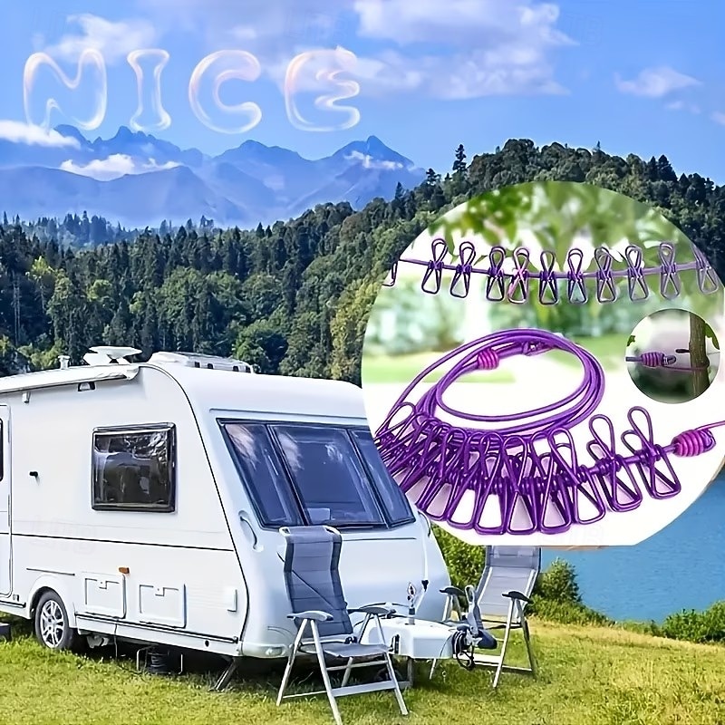 Набор из 3 портативных дорожных бельевых веревок, каждая с 12 прищепками — бельевая и сушильная веревка, устойчивая к ветру, сворачивающаяся и эластичная. 2026 - $13.99 –P4