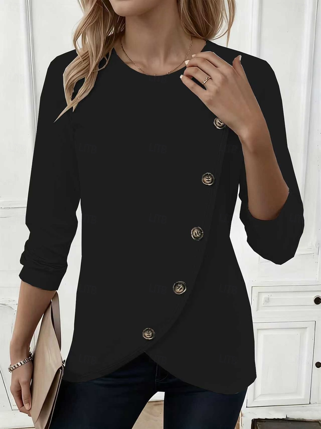 Damen T Shirt T-Shirt Knöpfe Einfach Mode Stilvoll Klassisch Kurzarm Rundhalsausschnitt Normale Oberteile Täglich Ausgehen Wochenende Blau Schwarz Weiß Rote Grün Sommer Frühling Herbst 2026 - $21.99 –P4