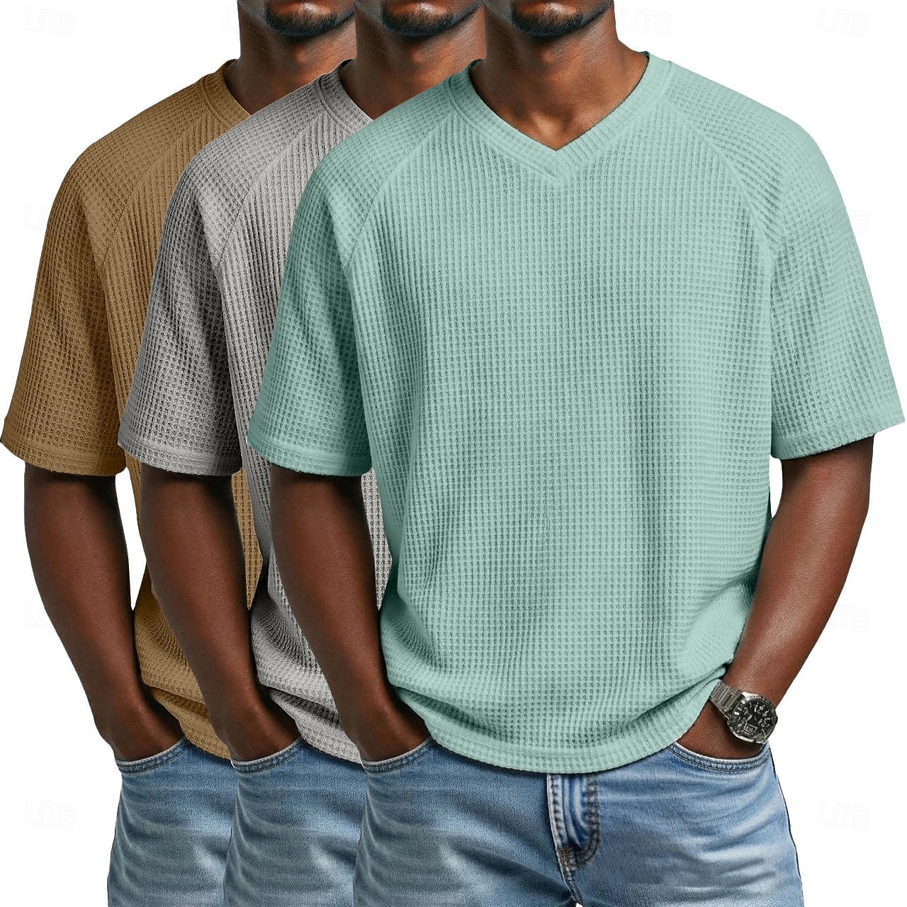 3 pezzi t-shirt da uomo waffle maglietta a maniche corte scollo a V estate tinta unita testurizzata alla moda designer casual multipack maniche raglan casual quotidiano esterno blu bianco maglietta del 2026 a $51.99 –P4