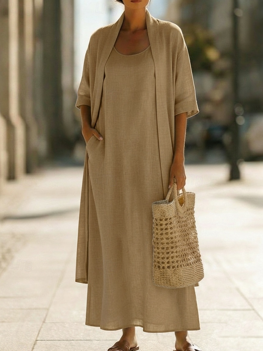 Women's Dress Set Shift Dress Elegant Plain Pocket Maxi Dress 3/4 Length Sleeve Crew Neck Daily Outdoor Blue White Pink Summer Spring Loose Fit 2026 - $51.99 –P6