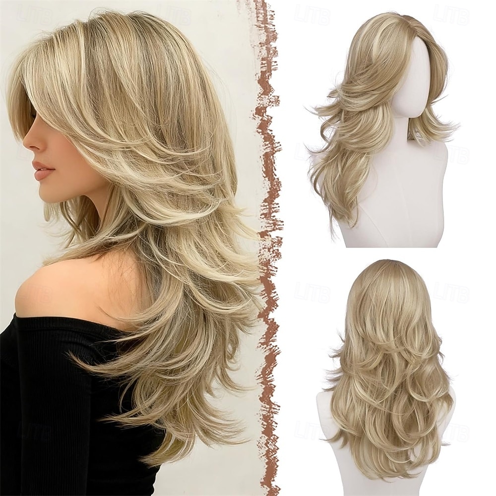 2026年 女性用、ダーティブロンドのウェーブのかかったレイヤードウィッグ、カーテンバング付き、長さ22インチの合成繊維製、自然な見た目のセンターパートウィッグ、コスチュームパーティーや普段使いに最適  コレクション – $30.99 –P1