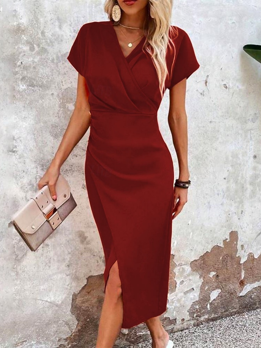 Mulheres Vestido midi Vestido Bodycon Vestidos Semi-Formais Escritório Normal Tecido Manga Curta Decote V Azul Amarelo Rosa Vinho Verão Primavera de 2026 por $41.99 –P5