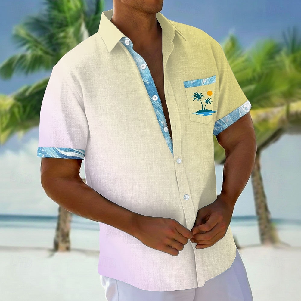 Men's Coconut Tree Gradient Color Tropical Plants Shirt Hawaiian Shirt Aloha Shirt Short Sleeve Hawaiian Vacation Holiday Summer Turndown 3D Print Front One Pocket Linen Like Shirt Blue Yellow Pink 2026 - $25.99 –P3