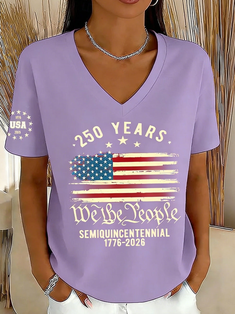 2026年 アメリカ独立記念日 女性用 Tシャツ プリント グラフィック フラッグ アメリカの国旗 ヴィンテージ スタイリッシュ クラシック 半袖 Ｖネック レギュラートップス 日常 ピンク ルビーレッド パープル カーキ色 夏 春  コレクション – $21.99 –P4