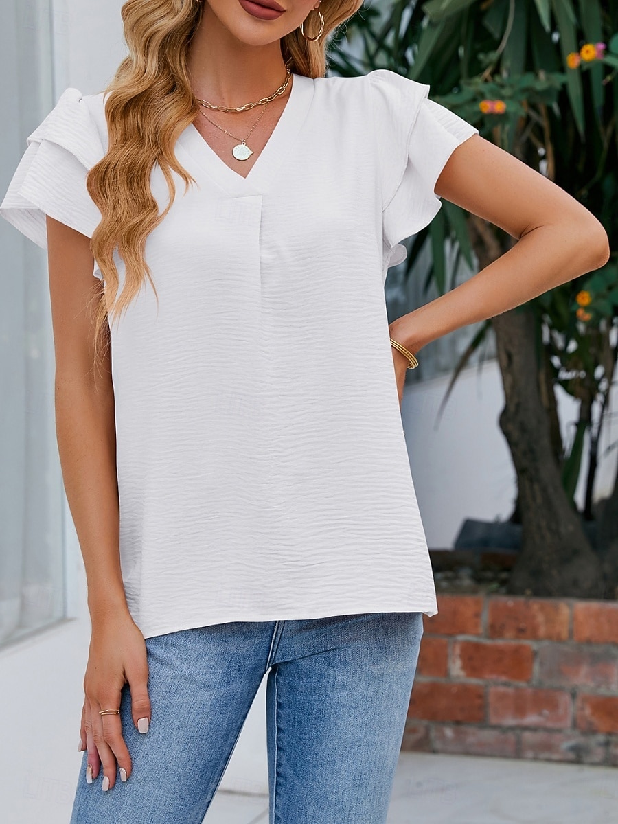 Dame T skjorte T-skjorte Drapering عادي Mote Stilfull Klassisk Kortermet V-hals Vanlige topper Daglig Ut på byen Helg Svart Hvit Rosa Himmelblå Fuksia Sommer Vår 2026 - $22.99 –P13