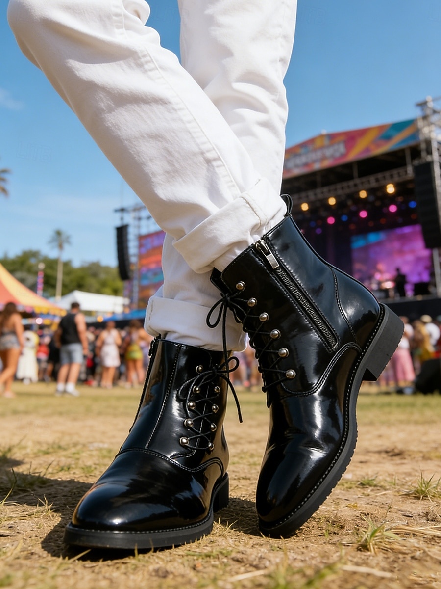 męskie brązowe botki zapinane na zamek z boku, sznurowane, modne buty na festiwale muzyczne, stroje na koncerty, odzież uliczną, imprezy plenerowe, stroje imprezowe i jako wyrazisty styl 2026 - $64.99 –P2