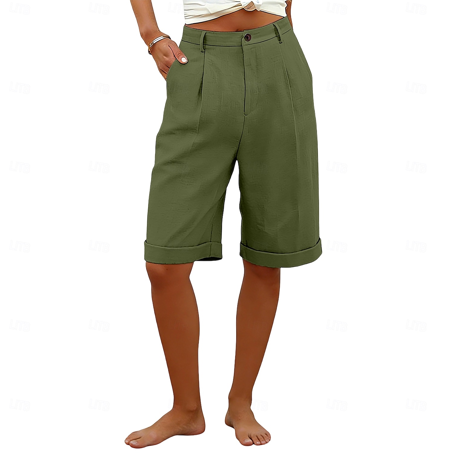 Dame Capri-bukser Shorts Lin Shorts Dress Shorts Ferie Mote Grunnleggende Knelengde Middels midje عادي Lomme Elastisk midje Rett ben Lettvekt Bekvem Pustende Uelastisk Daglig Gate Ferie Svart Hvit 2026 - $22.99 –P6